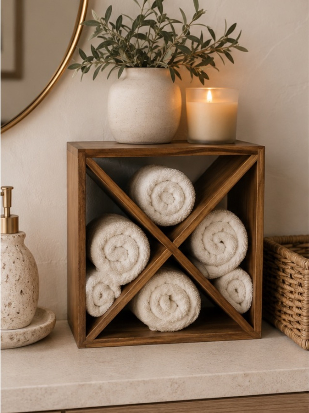 Threshold Acacia Wood 4 Bottle Wine Rack Box or Towel Holder 11” X 11” X 5.5”